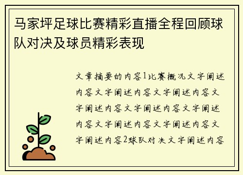 马家坪足球比赛精彩直播全程回顾球队对决及球员精彩表现